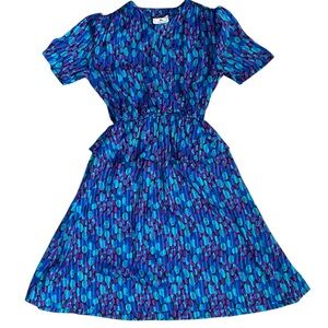 Vintage 1980s Jonathan Martin Blue and Purple Peplum Patterned Midi Dress